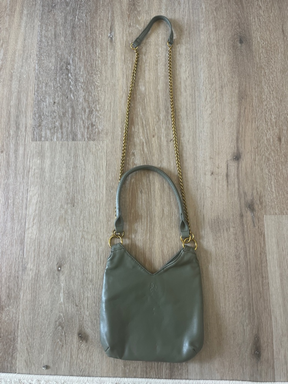 Anthropologie Leather Shoulder Bag in Olive Green with Gold Chain
